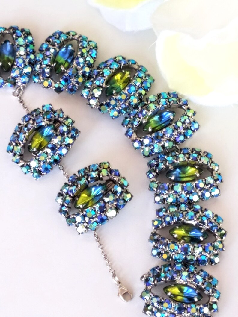 Blue and Green Rhinestones Rhinestone Bracelet and Earring Set Vintage Link Style Bracelet /& Earring Set Demi Parure AB Rhinestones