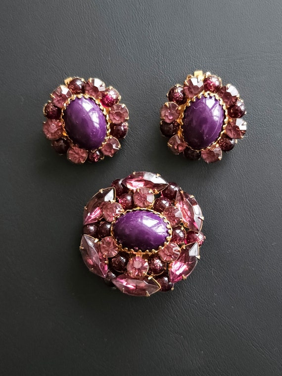 Vintage Purple and Pink Rhinestone Brooch & Earri… - image 5