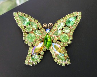 Vintage Green & AB Rhinestone Butterfly Brooch Pin