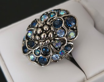 Vintage Hollycraft Signed Blue Rhinestone Flower Cocktail Ring Statement Ring