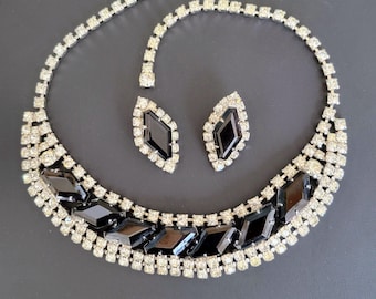 Vintage Black and Clear Bib Style Rhinestone Necklace & Earring Set