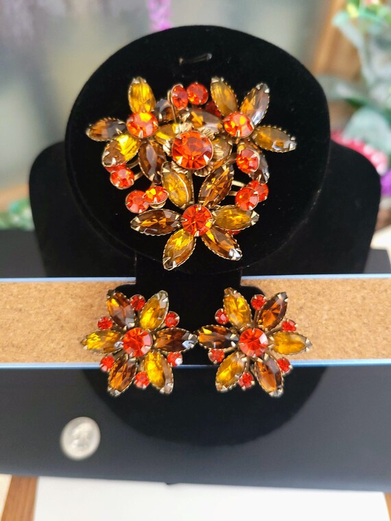 Vintage Judy Lee Orange and Topaz Rhinestone Broo… - image 2