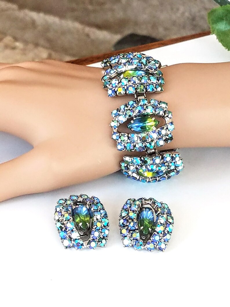 Blue and Green Rhinestones Rhinestone Bracelet and Earring Set Vintage Link Style Bracelet /& Earring Set Demi Parure AB Rhinestones