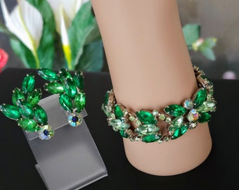 Vintage Green Rhinestone Bracelet & Earring Set