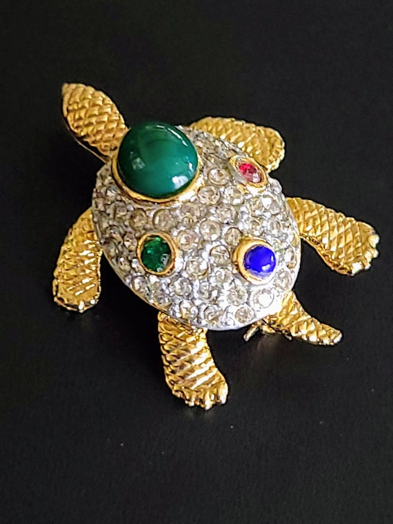 Vintage Sphinx Rhinestone and Cabochon Turtle Brooch Pin