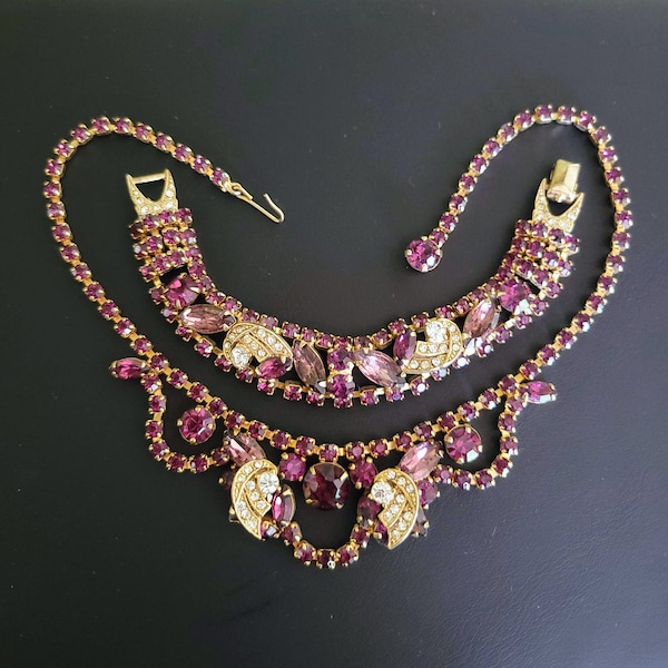 Vintage Weiss Signed Purple Rhinestone Necklace & Bracelet Set