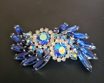 Vintage Blue and AB Rhinestone Brooch Pin