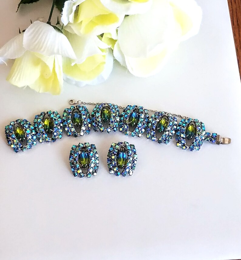 Blue and Green Rhinestones Rhinestone Bracelet and Earring Set Vintage Link Style Bracelet /& Earring Set Demi Parure AB Rhinestones