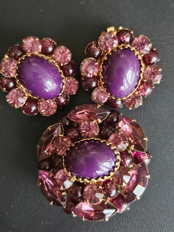 Vintage Purple and Pink Rhinestone Brooch & Earri… - image 4