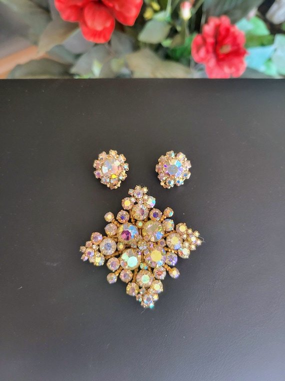 Vintage AB Rhinestone Brooch & Earring Set - image 5