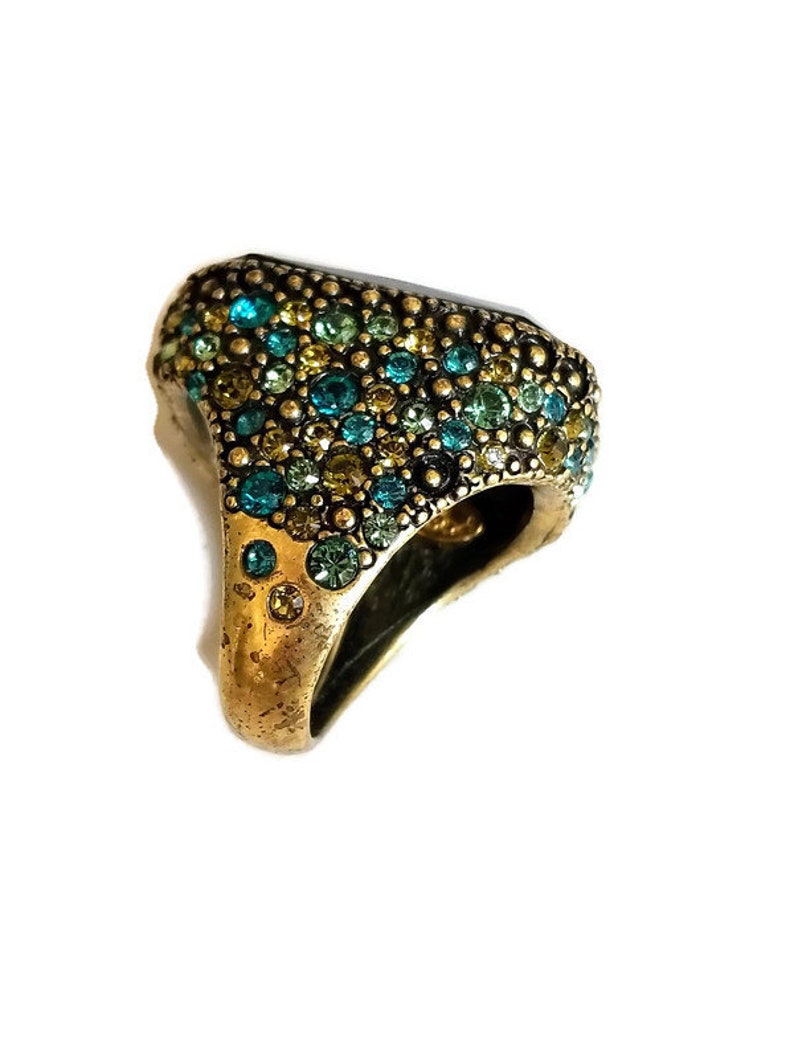 Vintage Signed Hobe Green and Blue Rhinestone Huge Statement Ring