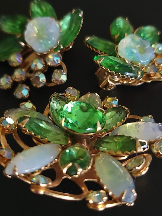 Vintage Beau Jewels Moonglow Stone & Green Rhines… - image 3