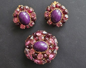 Vintage Purple and Pink Rhinestone Brooch & Earring Set