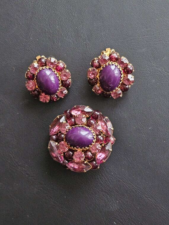 Vintage Purple and Pink Rhinestone Brooch & Earri… - image 1