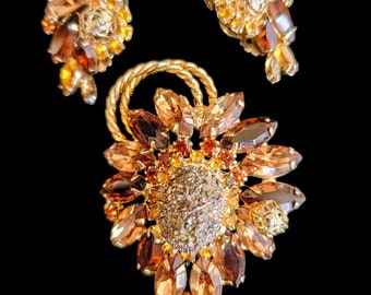 Vintage Topaz and Art Glass Rhinestone Brooch & Earring Set