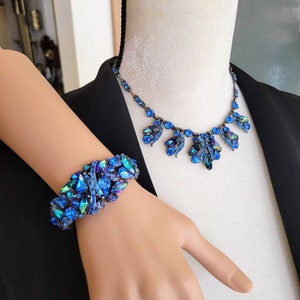 Vintage Signed Weiss Blue Rhinestone Necklace and Hinged Cuff Bracelet Jewelry Set