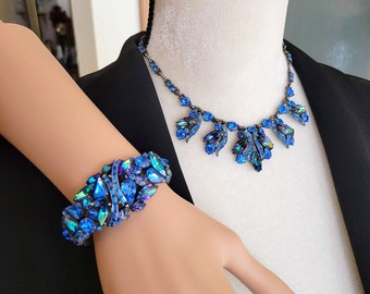 Vintage Signed Weiss Blue Rhinestone Necklace and Hinged Cuff Bracelet Jewelry Set