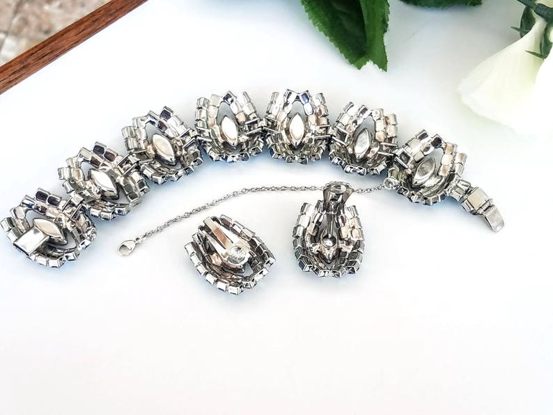 Blue and Green Rhinestones Rhinestone Bracelet and Earring Set Vintage Link Style Bracelet /& Earring Set Demi Parure AB Rhinestones
