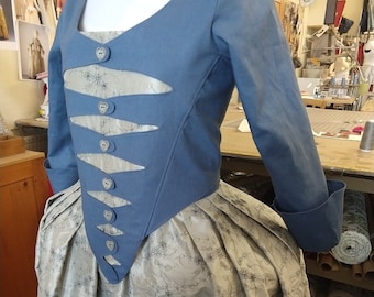 18th century button front bodice with contrasting skirt