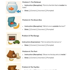 May include: Educational worksheet titled "IN & OUT" with problems 1-5. Each problem features a visual scenario, such as a fishbowl with a fish, a snack box, a garage with a car, a tent, and a toy box. Instructions and data sections are included.