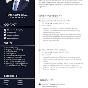 May include: A professional resume template with a photo of a smiling man in a suit and tie. The resume includes contact information, skills, work experience, education, and social media links. The resume is designed with a dark blue background and white text.