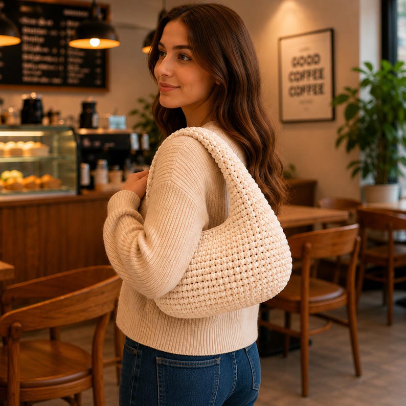 May include: A cream-colored, hand-crocheted shoulder bag with a thick, textured knit pattern and a wide, integrated strap. The bag features a crescent-shaped silhouette and is crafted from a soft, off-white yarn, showcasing a consistent, dense stitch.