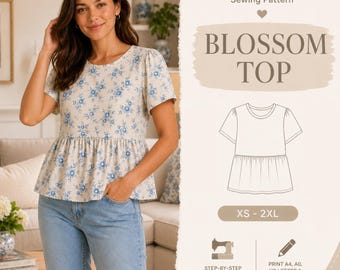 Schnittmuster für Schößchen-Bluse für Frauen (XS-2XL), einfaches Blusen-Schnittmuster, Damen Schnittmuster, Anfänger-Muster, Boho Rüschen-Oberteil, PDF