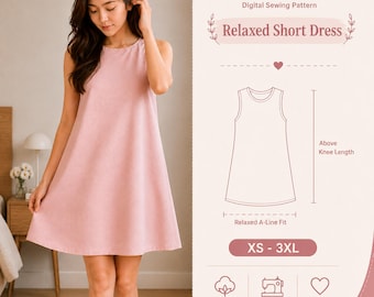 Entspanntes kurzes Kleid Schnittmuster, ärmelloses Minikleid Schnittmuster, Damen Etuikleid Schnittmuster, Leinen Sommerkleid PDF, XS-3XL