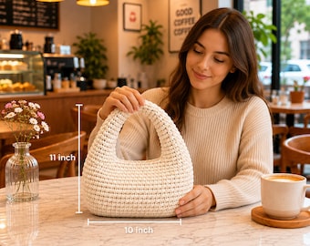 May include: A cream-colored, crescent-shaped crochet handbag with a textured, woven pattern. The bag features a single integrated handle and measures 11 inches in height and 10 inches in width as indicated by the visible measurement markers.