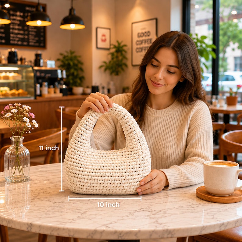 May include: A cream-colored, crescent-shaped crochet handbag with a textured, woven pattern. The bag features a single integrated handle and measures 11 inches in height and 10 inches in width as indicated by the visible measurement markers.