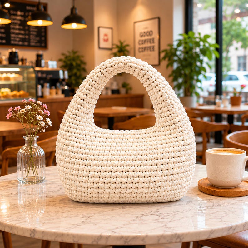 May include: A cream-colored, crescent-shaped handbag crafted from thick, textured crochet yarn. The bag features a single integrated handle and a rounded, structured base, sitting on a white marble table next to a glass vase and a coffee mug.
