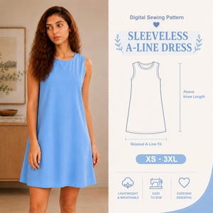 Puede incluir: Un vestido sin mangas de corte en A en color azul claro con cuello redondo. La imagen incluye texto para un patrón de costura digital, indicando un largo por encima de la rodilla, un ajuste holgado en A y tallas de la XS a la 3XL.