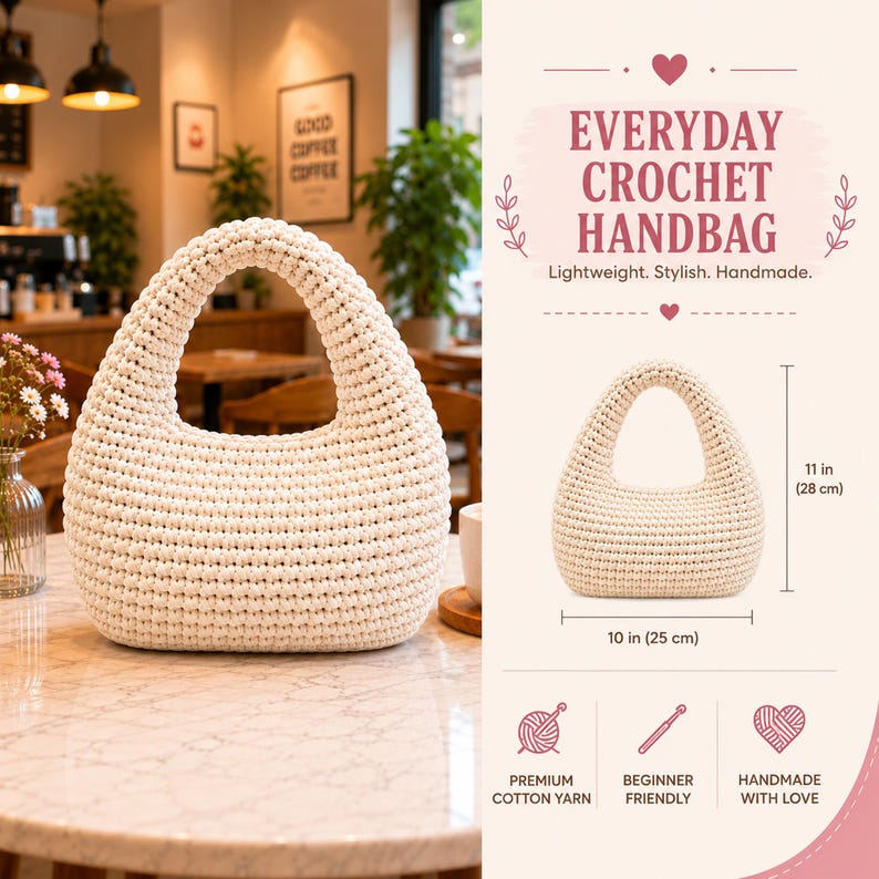 May include: A cream-colored crochet handbag with a rounded handle and textured stitch pattern. The bag measures 11 inches in height and 10 inches in width. Text on the image reads: Everyday Crochet Handbag, Lightweight, Stylish, Handmade.