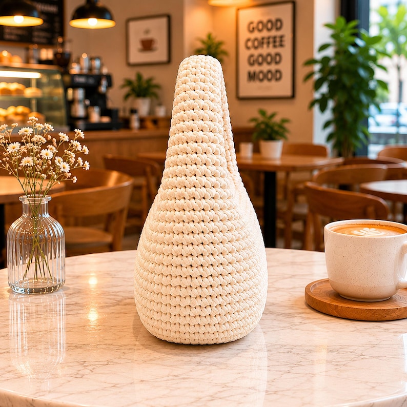 May include: A cream-colored, teardrop-shaped handbag crafted from thick, knotted cord with a single integrated handle. The bag features a dense, textured crochet pattern and sits upright on a smooth, white marble surface next to a coffee cup.