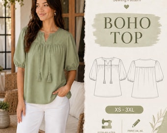 Boho-Top-Schnittmuster für Damen, Größen XS-3XL, Blusenmuster im Bauernstil, einfaches Schnittmuster für ein Shirt mit Puffärmeln, lockere Passform, Sofort-Download