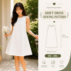 Peut inclure: Un patron de couture numérique pour une robe chasuble sans manches à la coupe trapèze décontractée. Le graphique inclut le texte 'SHIFT DRESS SEWING PATTERN', 'Above Knee Length', 'Relaxed A-Line Fit', 'XS - 3XL' et des icônes de couture.