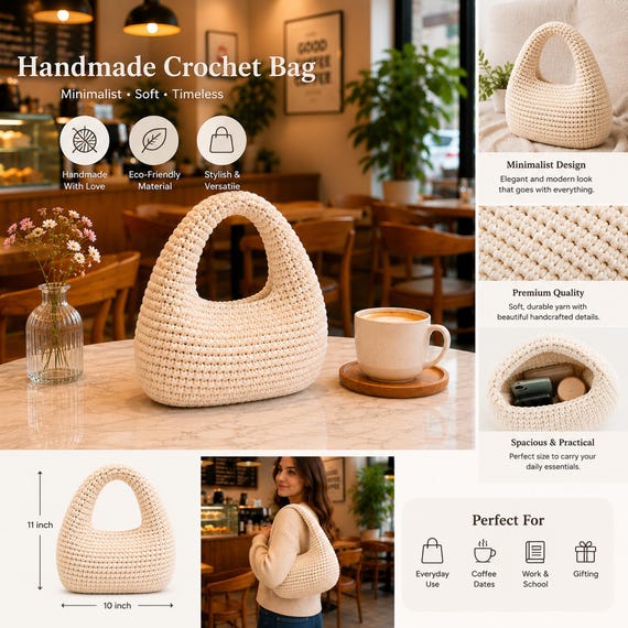 Modern Crochet Handbag Pattern, T-Shirt Yarn Cord Bag PDF, Easy DIY Purse Pattern, Beginner Shoulder Bag, Summer Chunky Crochet Bag Tutorial