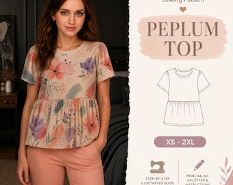 Sommer Top Schnittmuster PDF, Leinen Bluse mit Rüschen Saum, Schößchen Top Schnittmuster, Damen Schnittmuster, Anfänger T-Shirt Schnittmuster, A0/A4/US-Letter