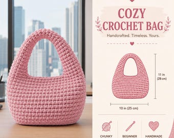 Crochet Bag Pattern PDF, DIY Handmade Bag Pattern, Beginner Crochet Bag, Chunky Purse Crochet Tutorial, Cord Yarn Hobo Bag, Instant Download