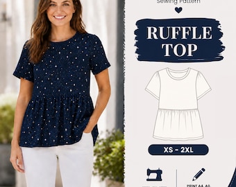 Schnittmuster für Rüschentop (PDF), Peplum-Top, Damenbluse, Sommer-T-Shirt in lockerer Passform, Nähanfänger, A0, A4, US Letter