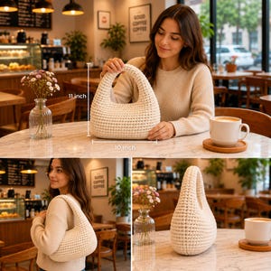 May include: A cream-colored crochet handbag with a single integrated handle. The bag features a rounded, crescent-like shape and a textured knit pattern. Dimensions are clearly marked as 11 inches in height and 10 inches in width.
