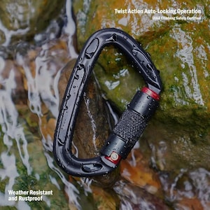 Pode incluir: Mosquetão preto com mecanismo de bloqueio automático por torção, certificado de segurança de escalada UIAA. O mosquetão é resistente às intempéries e à ferrugem. O texto "Twist Action Auto-Locking Operation" e "Weather Resistant and Rustproof" são visíveis.