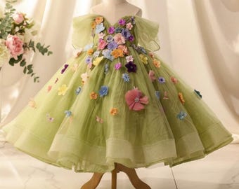 Green Floral Tulle Princess Dress, Kids Party Gown, Flower Applique Birthday Performance Pageant