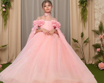 チュールフラワーガールドレス オフショルダー プリンセスガウン 3Dフローラルスリーブ