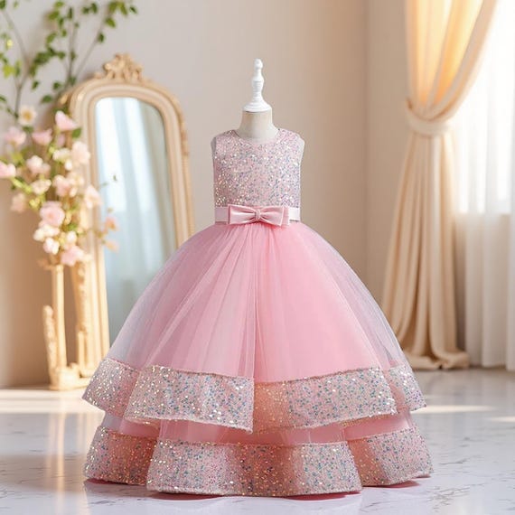 gala graduation dress Shiny Sequin Tiered Long Dress for Girls Fluffy Formal Gala Graduation Gown