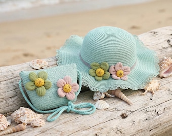 Handmade Kids Straw Hat & Bag, Baby Girl Sun Hat, Toddler Beach Hat, Kids Summer Hat, Cute Child Gift