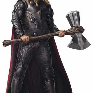 May include: A full-length image of a character in a black and silver costume, holding a large axe. The character has long, blond hair and a beard, and is wearing a red cape. A smaller figure of the character is at the bottom.
