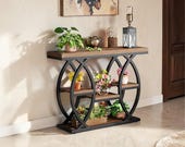 Industrial 4-Tier Console Table with Storage Shelves, Rustic Brown Wood Metal Sofa Table
