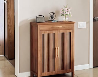 Wooden Shoe Cabinet with Drawer, 5-Tier Louvered Door Storage Organizer