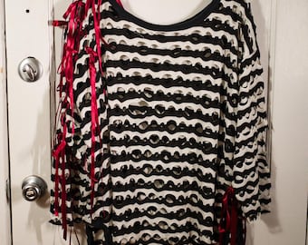 Grunge Black & White Stripe Oversized Cutout Sweatshirt with Bursting Ribbon Bows on Shoulder and Side